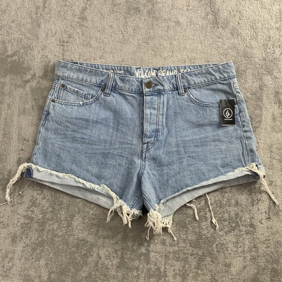 Volcom Shorts Womens 34 Stone Rolled Jorts Buttonfly Distressed Cuffed Denim - Picture 1 of 12